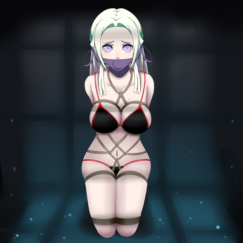 1girl ball_gag bare_shoulders bdsm black_background black_panties blue_eyes blush bondage bound breasts brown_rope cleavage cloth_gag collarbone dankestofdans edelgard_von_hresvelg eyeliner female_focus fire_emblem fire_emblem:_three_houses gag gagged green_background hair_ornament hair_ribbon highres improvised_gag intelligent_systems kneeling large_breasts layered_gags lips long_hair makeup navel nintendo panties pink_lips purple_ribbon red_trim ribbon rope shiny_clothes shiny_skin sideboob solo thick_thighs thighs underwear underwear_only variant_set white_hair
