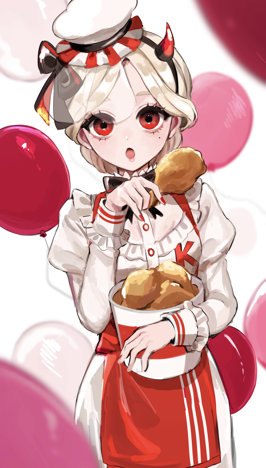 1girl absurdres apron balloon black_ribbon blonde_hair blurry blurry_background blurry_foreground bucket bucket_of_chicken chef_hat chicken_(food) chicken_leg collar dress fake_horns food fried_chicken frilled_collar frilled_sleeves frills hat hat_ribbon headband highres hoge_(n8sss) holding holding_bucket holding_food horns identity_v juliet_sleeves kfc lipstick long_sleeves looking_at_viewer makeup mini_chef_hat mole mole_under_eye nail_polish neck_ribbon official_alternate_costume open_mouth puffy_sleeves red_apron red_eyes red_nails ribbon short_hair solo vera_nair vera_nair_(lady_k) waist_apron white_background white_dress