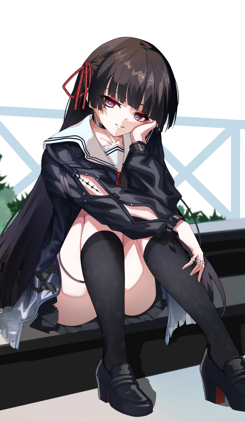1girl absurdres ahrara arm_cutout black_hair black_jacket black_shoes black_socks chisa_(wuthering_waves) closed_mouth clothing_cutout collarbone commentary hair_ribbon highres jacket long_hair long_sleeves looking_at_viewer mole mole_under_eye red_ribbon ribbon sailor_collar shoes sitting smile socks solo tacet_mark_(wuthering_waves) thigh_strap thighs white_sailor_collar wuthering_waves