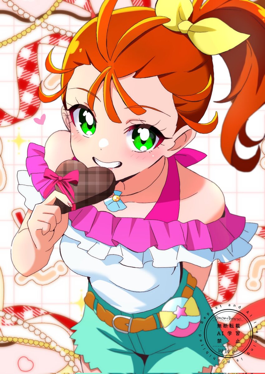 1girl arm_behind_back bare_arms bare_shoulders belt blush bow box box_of_chocolates breasts chocolate collarbone commentary dot_nose food four-pointed_star from_above green_eyes green_shorts grid_background grin hair_bow hair_ornament hand_up heart heart-shaped_box heart_background highres holding holding_chocolate holding_food jewelry long_hair looking_at_viewer loose_hair_strand momotarouooi natsuumi_manatsu necklace orange_hair pink_bow ponytail precure shell shell_necklace shirt shirt_tucked_in shorts side_ponytail small_breasts smile solo star_(symbol) star_symbol_background tropical-rouge!_precure tropical_pact upper_body valentine white_shirt yellow_bow