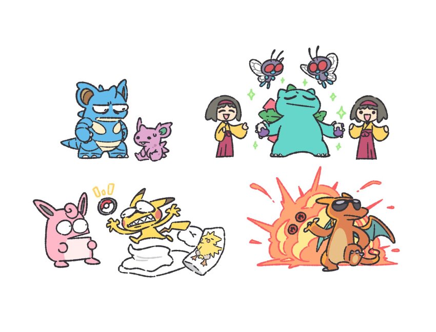 body_pillow butterfree charizard dual_persona energy_(pokemon_tcg) erika_(pokemon) explosion gen_1_pokemon healing highres legendary_pokemon nidoqueen nidoran nidoran_(male) nintendo pikachu pillow plainwhite pokemon pokemon_(creature) pokemon_frlg pokemon_tcg pokemon_tcg_pocket potion_(pokemon) sunglasses sweatdrop venusaur walking_away wigglytuff zapdos