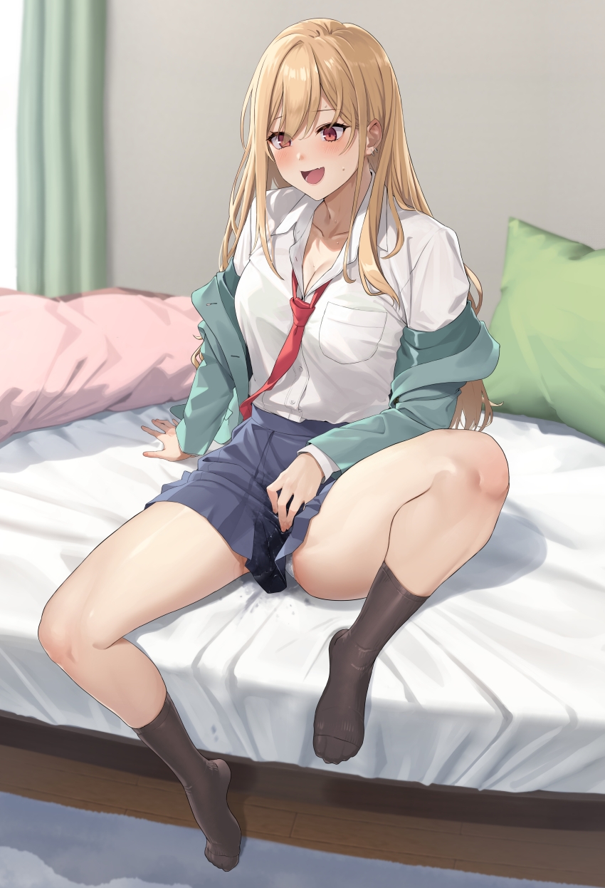 1girl absurdres bed blonde_hair blue_skirt blush breasts cleavage collarbone collared_shirt dress_shirt feet female_masturbation fingering green_jacket grin highres incredibly_absurdres jacket knee_up kneehighs large_breasts legs long_hair long_sleeves masturbation necktie no_shoes off_shoulder on_bed open_clothes open_jacket original pillow prime_(prime_tw) pussy_juice_stain red_eyes shirt sitting skirt smile socks solo spread_legs toes white_shirt