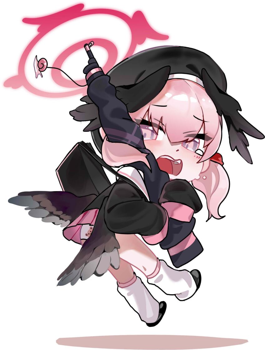 1girl beret black_hat black_wings blue_archive chibi crying crying_with_eyes_open embarrassed feathered_wings floating_hair gang_shi_shao_e_fan halo hat head_wings highres holding holding_weapon koharu_(blue_archive) leg_warmers long_sleeves looking_at_viewer miniskirt picking_up pink_eyes pink_hair pink_halo pink_skirt puffy_long_sleeves puffy_sleeves sailor_collar school_uniform serafuku skirt sleeves_past_wrists solo tears twintails weapon white_background white_sailor_collar wings