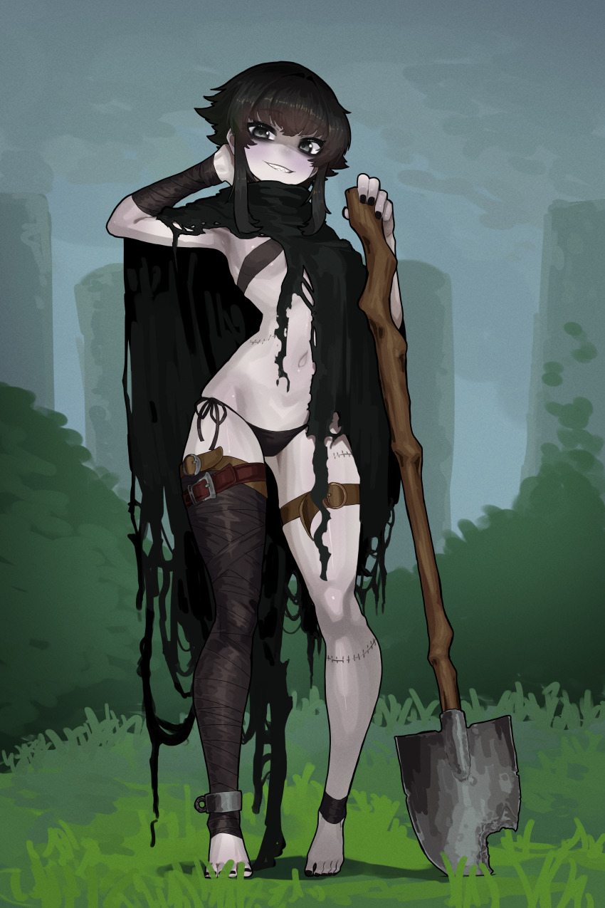 1girl absurdres anklet bandaged_arm bandaged_leg bandages barefoot belt black_cloak black_eyeliner black_eyeshadow black_hair black_nails black_panties bra breasts brown_belt bush cloak commentary_request commission cuffs damaged ekrea_jan eyeliner eyeshadow grass grey_bra grey_eyes hand_on_own_head highres holding holding_shovel jewelry looking_at_viewer makeup nail_polish navel on_grass original outdoors pale_skin panties partial_commentary shackles sharp_teeth short_hair_with_long_locks shovel side-tie_panties sidelocks skeb_commission small_breasts smile solo standing stitched_leg stitched_torso stitches stomach teeth thigh_belt thigh_strap toenail_polish toenails torn_cloak torn_clothes underboob underwear variant_set