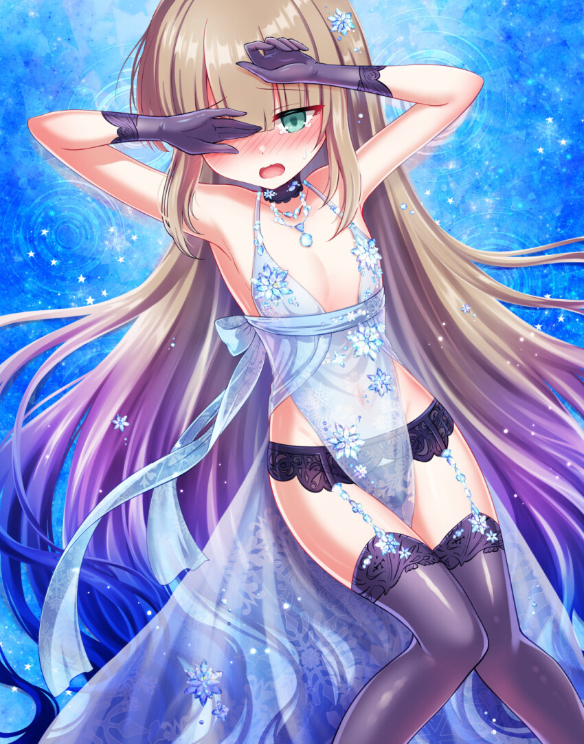 1boy alternate_hairstyle artoria_pendragon_(lancer_alter)_(fate) artoria_pendragon_(royal_icing)_(fate) artoria_pendragon_(royal_icing)_(fate)_(cosplay) babydoll black_gloves black_panties black_thighhighs blue_babydoll blue_hair blush captain_nemo_(fate) choker cosplay crossdressing fate/grand_order fate_(series) garter_belt gloves gradient_hair green_eyes hair_down highres jewelry light_brown_hair long_hair male_focus multicolored_hair necklace nemo_(fate) nose_blush panties revealing_clothes see-through_clothes shell_ocean snowflake_print solo thighhighs trap underwear very_long_hair