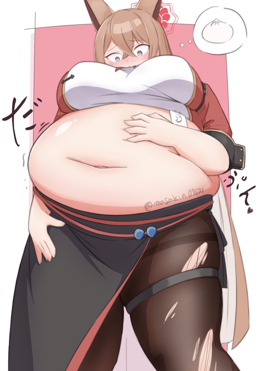 1girl animal_ears apron steamed_bun belly_rub big_belly blue_archive blush breasts brown_hair chef fat fat_woman food hair_between_eyes halo large_breasts long_hair looking_down masakin midriff_peek navel pantyhose purple_eyes rumi_(blue_archive) solo speech_bubble standing thick_thighs thigh_strap thighs thought_bubble torn_clothes torn_pantyhose very_long_hair