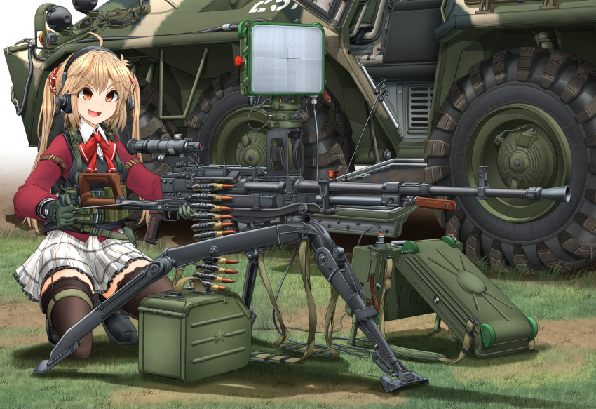 1girl absurdres ahoge ammunition_box ammunition_pouch armored_personnel_carrier armored_vehicle black_shoes black_thighhighs blonde_hair bow bowtie brown_eyes collared_shirt commentary_request day dress_shirt gloves grass green_gloves gun hair_between_eyes headphones heavy_machine_gun highres jacket load_bearing_vest loafers long_hair long_sleeves machine_gun mikeran_(mikelan) military_vehicle motor_vehicle multiple_girls nsv on_one_knee open_mouth original outdoors plaid_clothes plaid_skirt pleated_skirt pouch radar red_bow red_bowtie red_jacket school_uniform shirt shoes skirt smile solo tactical_school_uniform thighhighs twintails v-shaped_eyebrows very_long_hair weapon white_shirt white_skirt
