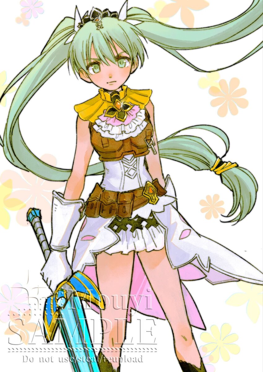 1girl aqua_eyes aqua_hair armor artist_name belt boots breastplate breasts brown_belt cowboy_shot dress frey_(rune_factory) gloves hair_between_eyes hair_ribbon hair_tie highres holding holding_sword holding_weapon leather_armor light_frown long_hair low-tied_long_hair medium_breasts mouyi ribbon rune_factory rune_factory_4 sample_watermark solo stnaym sword twintails watermark weapon white_background white_dress white_gloves white_ribbon