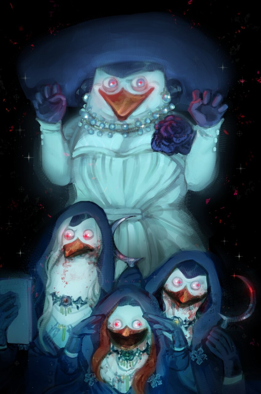 4boys alcina_dimitrescu alcina_dimitrescu_(cosplay) beak bela_dimitrescu bela_dimitrescu_(cosplay) bird black_background black_flower black_gloves blood blood_on_face cassandra_dimitrescu cassandra_dimitrescu_(cosplay) commentary cosplay daniela_dimitrescu daniela_dimitrescu_(cosplay) dress english_commentary flower gloves hexanoxa highres hood hood_up jewelry kowalski_(madagascar) madagascar_(series) multiple_boys penguin private_(madagascar) resident_evil resident_evil_village rico_(madagascar) sickle skipper_(madagascar) sparkling_eyes wall-eyed white_dress
