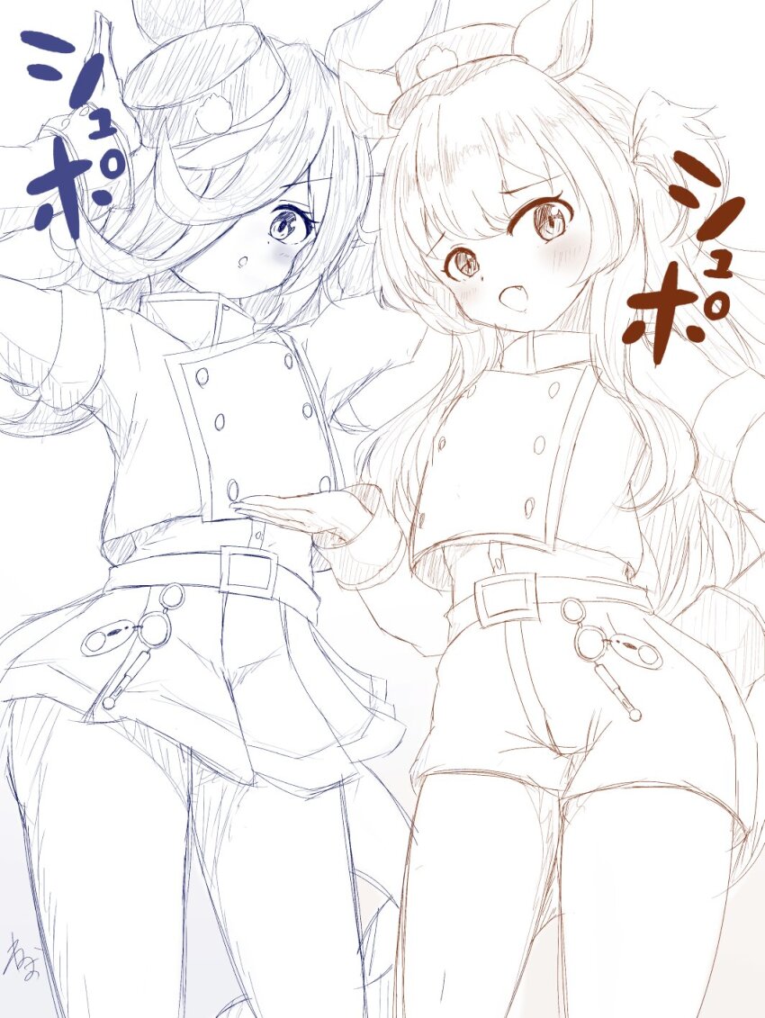 2girls akiyama_neo animal_ears armband artist_name blue_archive buttons cowboy_shot crime_prevention_buzzer double-breasted fang flipped_hair hair_over_one_eye hat highres hikari_(blue_archive) horse_ears horse_girl hoshitani_mio iwami_manaka jacket long_hair long_sleeves looking_at_viewer mayano_top_gun_(umamusume) miniskirt multiple_girls multiple_monochrome nozomi_(blue_archive) pose_imitation rabbit_pose rice_shower_(umamusume) short_shorts shorts sidelocks signature sketch skirt sound_effects sound_effects_only swept_bangs tail tilted_headwear train_conductor translated two_side_up umamusume voice_actor_connection