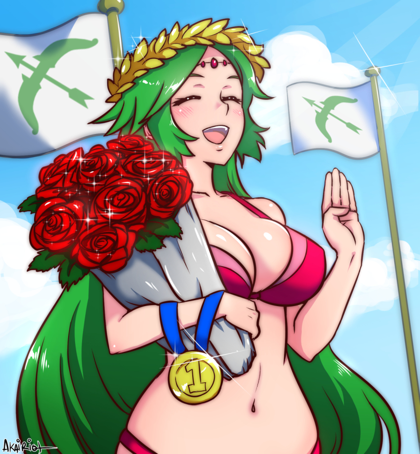 1girl akairiot artist_name bare_arms bare_shoulders bikini blush bouquet breasts circlet cleavage closed_eyes cloud collarbone female_focus flag flagpole flower forehead_jewel green_hair happy headpiece highres holding jewelry kid_icarus kid_icarus_uprising large_breasts laurel_crown long_hair medal navel neck nintendo open_mouth palutena parted_bangs pink_bikini red_flower red_rose rose shiny_skin sky smile solo sparkle super_smash_bros. swept_bangs swimsuit tiara upper_body very_long_hair