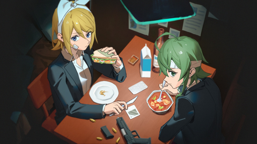 2girls alcohol bandage_on_face bandages blonde_hair blue_eyes blue_jacket bottle bow bowl bullet carton cartridge chair closed_mouth collared_shirt commentary eating expressionless food from_above green_eyes green_hair gumi gun hair_between_eyes hair_bow headband highres holding holding_food holding_knife holding_spoon indoors jacket kagamine_rin knife lamp long_sleeves looking_at_viewer matches milk_carton multiple_girls pill plate poster_(object) revision sandwich shirt short_hair sidelocks sideways_glance sitting spoon symbol-only_commentary table vocaloid weapon white_bow white_shirt wounds404