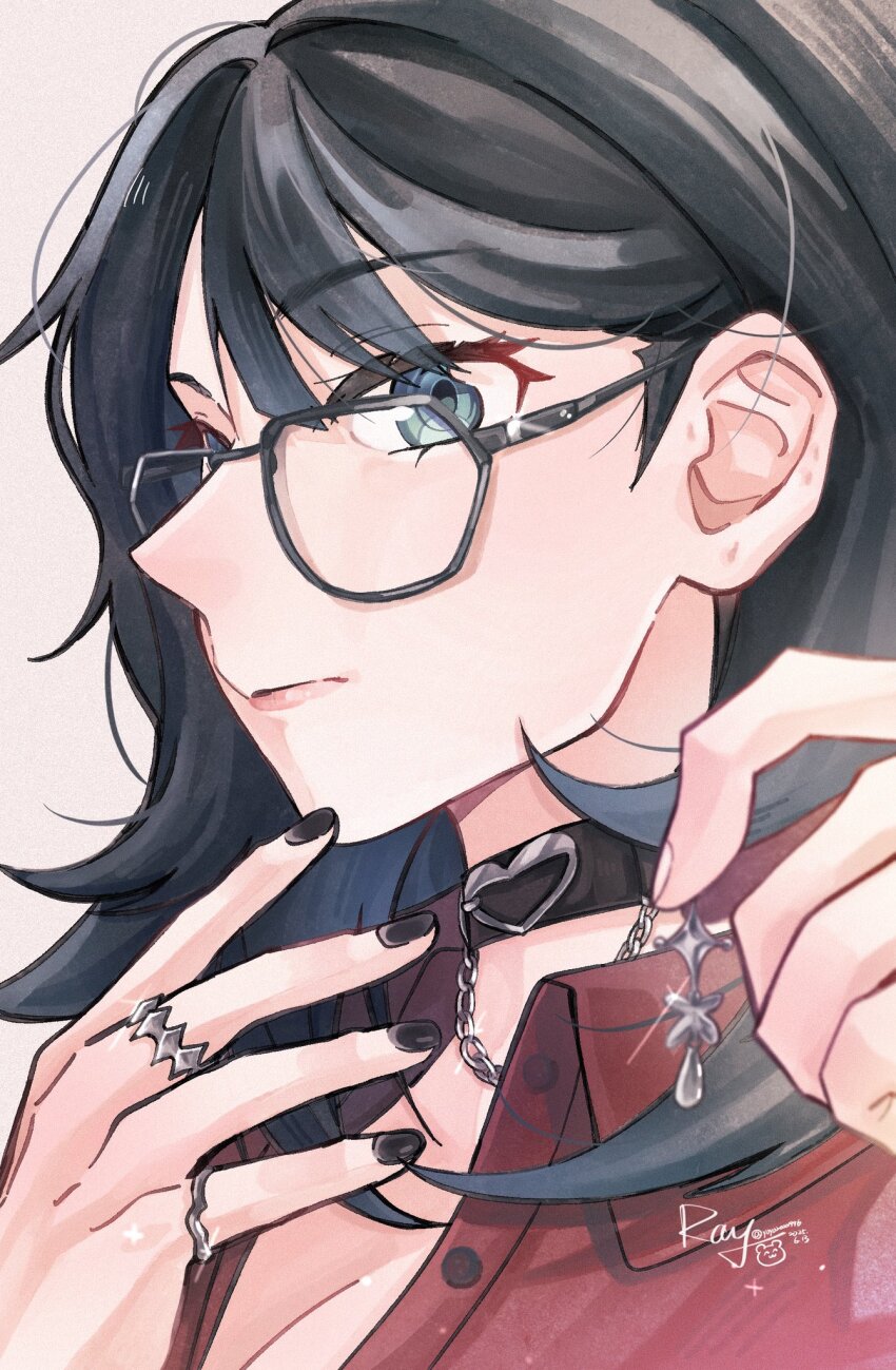 1girl bang_dream! bang_dream!_it&#039;s_mygo!!!!! black_choker black_hair black_nails blue_eyes chinese_commentary choker closed_mouth commentary_request glasses grey_background highres long_hair red_shirt shirt solo upper_body yahata_umiri yoyoray20001996