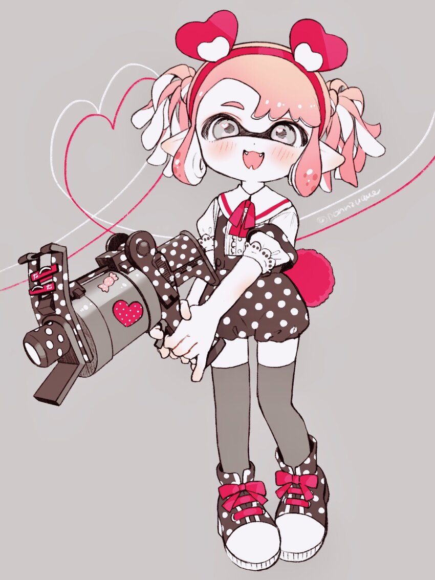 .52_gal_(splatoon) 1girl amezawa_koma animal_ear_hairband animal_ears brown_overalls brown_shoes center_frills collared_shirt colored_skin commentary_request dot_nose dress_shirt fake_animal_ears fake_tail fangs frills full_body grey_eyes grey_thighhighs hairband heart heart_in_eye highres holding holding_weapon inkling inkling_girl inkling_player_character looking_at_viewer neck_ribbon nintendo open_mouth overalls pink_hair pink_hairband pink_ribbon pointy_ears puffy_short_sleeves puffy_sleeves ribbon shirt shoes short_hair short_sleeves short_twintails sidelocks smile solo splatoon_(series) standing strap_slip swept_bangs symbol_in_eye tail tentacle_hair thighhighs twintails weapon white_shirt white_skin