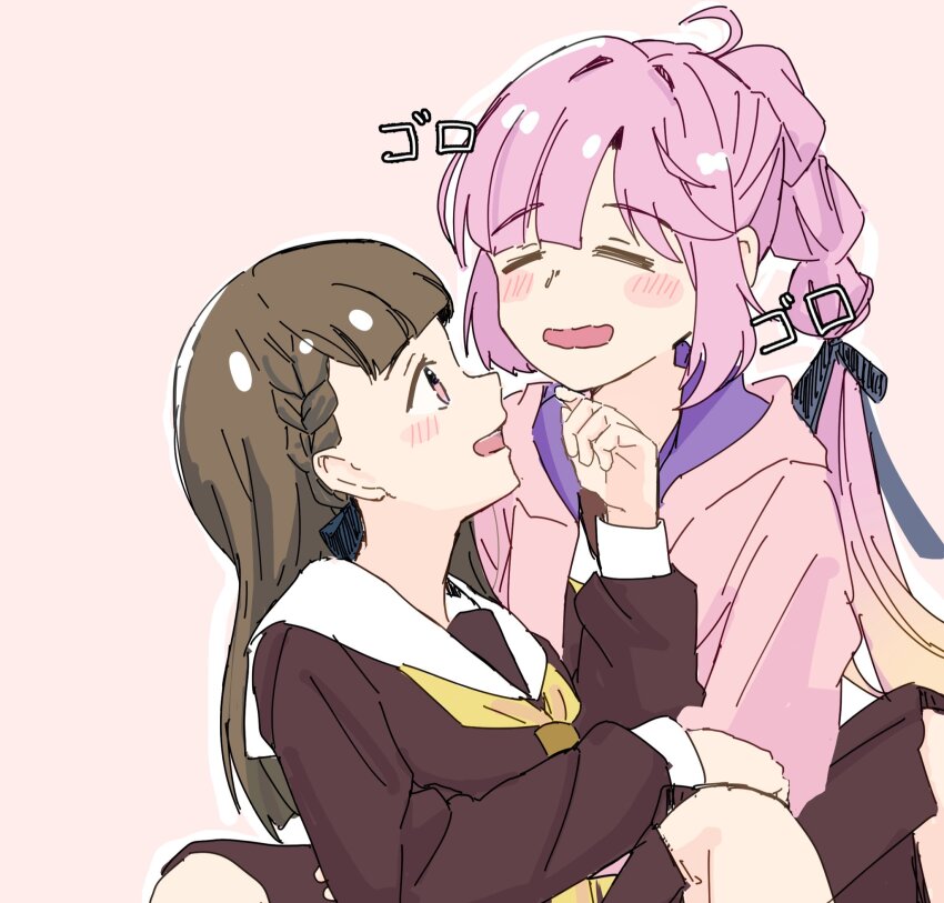 2girls =_= anyoji_hime black_ribbon blonde_hair blunt_bangs blush bow braid brown_dress brown_hair center-flap_bangs closed_eyes commentary dress gradient_hair hair_bow hair_ribbon hand_on_another&#039;s_chin highres hood hooded_jacket jacket kachimachi_kosuzu kisaragi_yukitora link!_like!_love_live! long_sleeves looking_at_another love_live! multi-tied_hair multicolored_hair multiple_girls neckerchief open_clothes open_jacket open_mouth pink_eyes pink_hair pink_jacket ponytail profile ribbon sailor_collar sailor_dress scratching_chin side_braids sound_effects virtual_youtuber wavy_mouth white_sailor_collar winter_uniform yellow_neckerchief