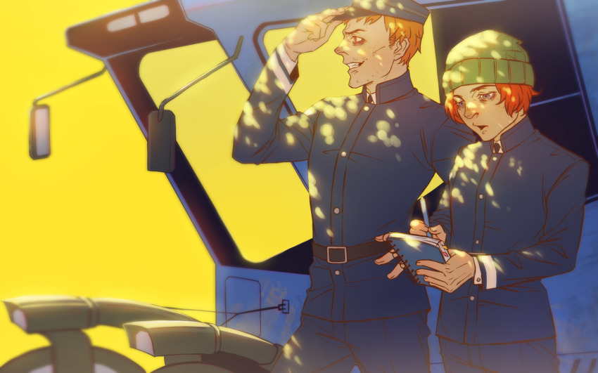 1boy 1girl aged_up asd4486 bags_under_eyes blue_eyes blue_headwear car cuno cunoesse_vittulainen disco_elysium facial_hair hat highres long_sleeves motor_vehicle notebook orange_hair parted_lips short_hair skullcap standing stubble uniform writing yellow_background