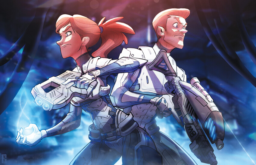 1boy 1girl absurdres blue_eyes bodysuit brother_and_sister cable colinsearle commentary english_commentary facial_hair freckles frown gloves gun hair_behind_ear highres holding holding_gun holding_weapon leaning_forward m-6_carnifex mass_effect:_andromeda mass_effect_(series) mustache open_hand ponytail sara_ryder sara_ryder science_fiction scott_ryder short_hair siblings trigger_discipline v-shaped_eyebrows weapon white_bodysuit white_gloves
