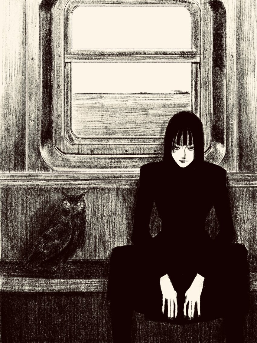 1girl animal bird greyscale highres hime_cut long_hair long_sleeves looking_at_viewer monochrome original owl sitting solo tp_p_pt train_interior window