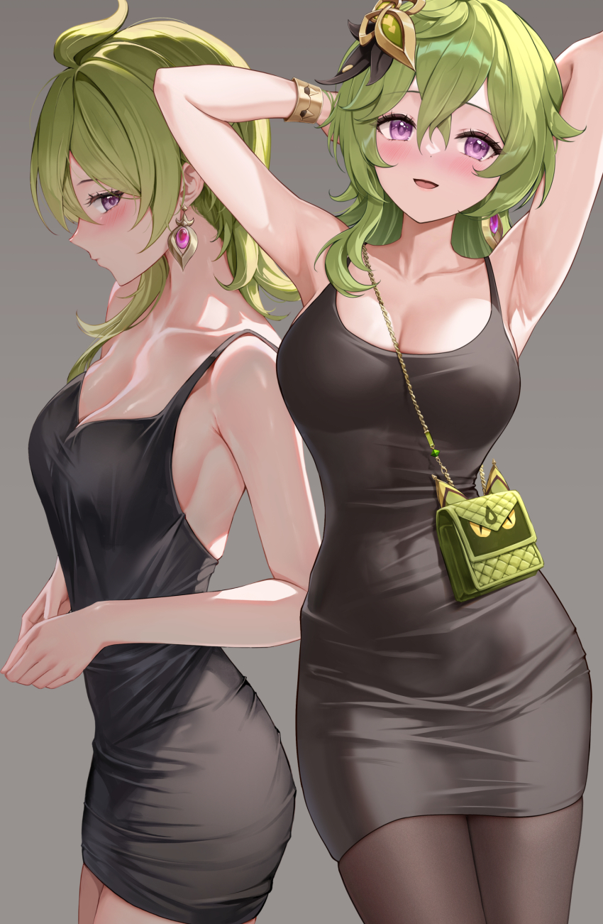 1girl absurdres ahoge alternate_costume arm_behind_head armpit_crease armpits arms_up averting_eyes bag black_dress black_pantyhose blush bracelet breasts brown_pantyhose cleavage closed_mouth collarbone collei_(genshin_impact) covered_navel cowboy_shot crossed_bangs dongtan_dress dress earrings from_side genshin_impact green_bag green_hair grey_background hair_between_eyes hair_ornament hands_up highres jewelry looking_at_viewer looking_to_the_side lunacle medium_breasts medium_hair meme_attire multiple_views open_mouth pantyhose parted_lips presenting_armpit purple_eyes shoulder_bag sidelocks simple_background sleeveless sleeveless_dress smile standing white_background