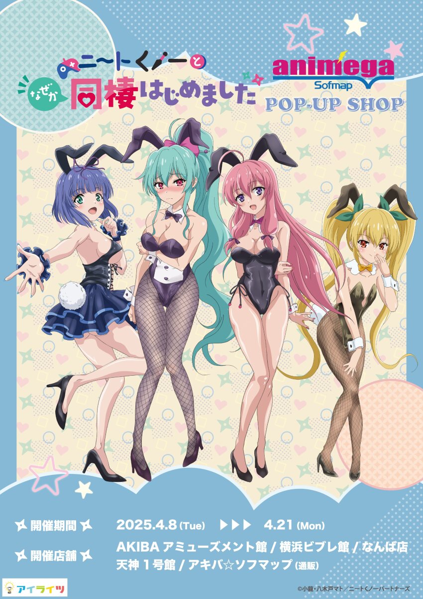 4girls absurdres ahoge animal_ears arm_behind_back arm_under_breasts black_bow black_bowtie black_leotard black_pantyhose black_shoes blonde_hair blue_dress blue_wrist_cuffs bow bowtie breasts closed_mouth copyright_name detached_collar dress embarrassed fake_animal_ears fake_tail fishnet_pantyhose fishnets flat_chest green_eyes green_hair hair_ribbon hand_on_own_thigh high_heels high_ponytail highleg highleg_leotard highres ideura_shizuri_(neet_kunoichi) izumi_hina_(neet_kunoichi) large_breasts leotard long_hair mole mole_under_eye momochi_ayame_(neet_kunoichi) multiple_girls natsumi_kanna_(neet_kunoichi) neet_de_otaku_na_kunoichi_to_naze_ka_dousei_hajimemashita official_art open_mouth orange_eyes pantyhose pink_bow pink_bowtie pink_hair playboy_bunny ponytail promotional_art pumps purple_eyes purple_ribbon rabbit_ears rabbit_tail red_eyes ribbon shoes short_hair sleeveless sleeveless_dress smile straight_hair strapless strapless_leotard tail twintails very_long_hair white_wrist_cuffs wrist_cuffs yellow_bow yellow_bowtie