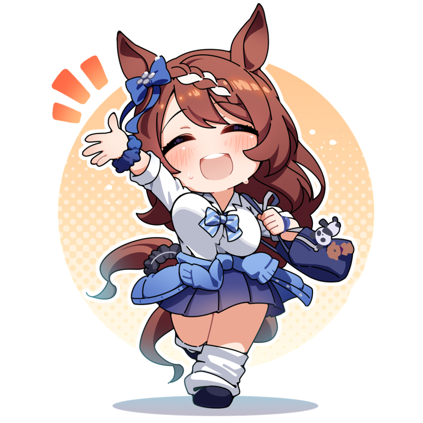 1girl :d ^_^ animal_ears blue_bow blush bow breasts brown_hair chibi closed_eyes commentary_request ear_bow full_body highres horse_ears horse_girl horse_tail large_breasts long_hair multicolored_hair open_mouth smile solo standing streaked_hair super_creek_(umamusume) tail teeth umamusume upper_teeth_only warashi