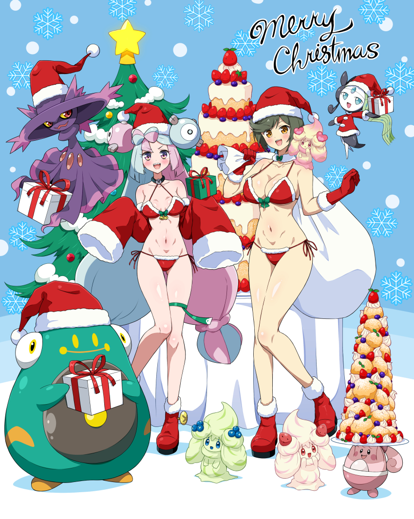 2girls absurdres alcremie bellibolt bikini crossover eggman_(ni_tamagoex) game_freak gen_4_pokemon gen_5_pokemon gen_8_pokemon happiny highres iono_(pokemon) legendary_pokemon long_hair low-tied_long_hair mai_(senran_kagura) meloetta mismagius multicolored_eyes multiple_girls mythical_pokemon nintendo pokemon pokemon_(creature) pokemon_sv santa_bikini santa_costume senran_kagura senran_kagura_estival_versus senran_kagura_shinovi_versus swimsuit two-tone_eyes