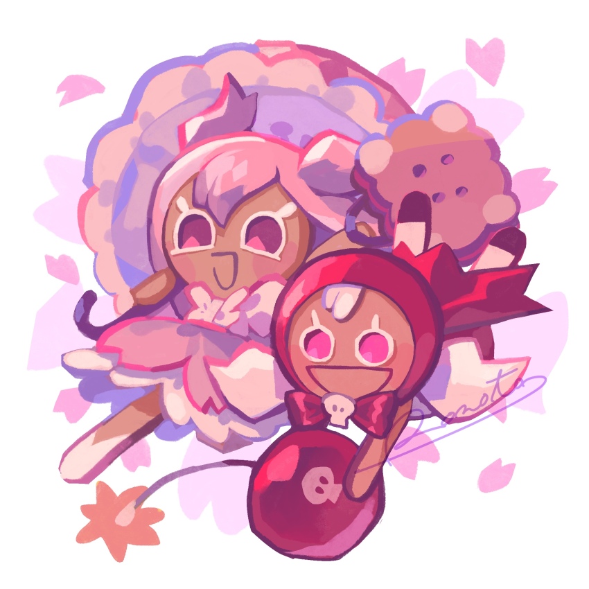 2girls :d artist_name bad_id bad_pixiv_id bag black_shoes bomb bow bowtie brown_bag cape cherry_blossom_cookie cherry_cookie commentary_request cookie_run double-parted_bangs explosive frilled_umbrella frills full_body hair_between_eyes heart highres holding holding_bag holding_bomb holding_umbrella hood hood_up hooded_cape inactive_account long_hair looking_ahead low_twintails multiple_girls no_pupils open_mouth pantyhose petticoat pink_eyes pink_hair pink_petals pink_skirt red_bow red_bowtie red_cape rn9j shoes siblings simple_background sisters skirt skull_brooch smile standing standing_on_one_leg twintails two_side_up umbrella walking white_background white_hair white_pantyhose white_shoes