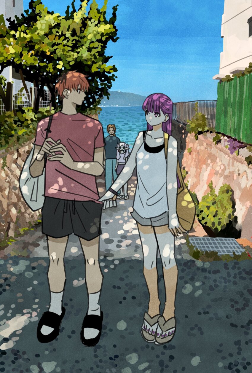 2boys 2girls blue_sky blunt_bangs clothes_grab commentary_request facial_hair fern_(sousou_no_frieren) frieren full_body goatee half_updo highres multiple_boys multiple_girls outdoors pink_shirt pointy_ears purple_hair purple_nails sandals sein_(sousou_no_frieren) shirt shirt_grab short_hair sidelocks sky socks sousou_no_frieren stark_(sousou_no_frieren) takeuchi_ryousuke white_socks