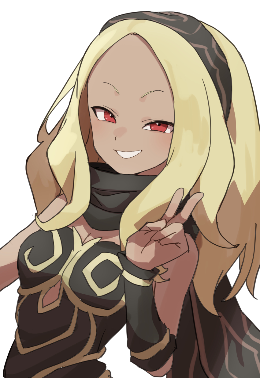 1girl absurdres blonde_hair bridal_gauntlets dark-skinned_female dark_skin gazacy_(dai) gravity_daze grin hairband hand_up highres kitten_(gravity_daze) long_hair looking_at_viewer red_eyes scarf smile solo upper_body v white_background