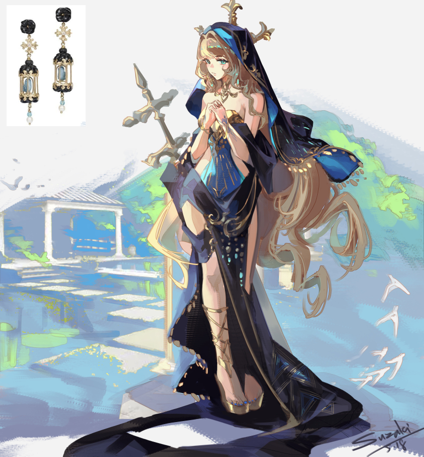 1girl absurdres bare_shoulders black_dress black_veil blonde_hair blue_nails breasts closed_mouth commentary dress english_commentary full_body gladiator_sandals green_eyes highres long_hair looking_at_viewer medium_breasts nail_polish original own_hands_clasped own_hands_together sandals signature solo steve_zheng strapless strapless_dress toenail_polish toenails veil very_long_hair