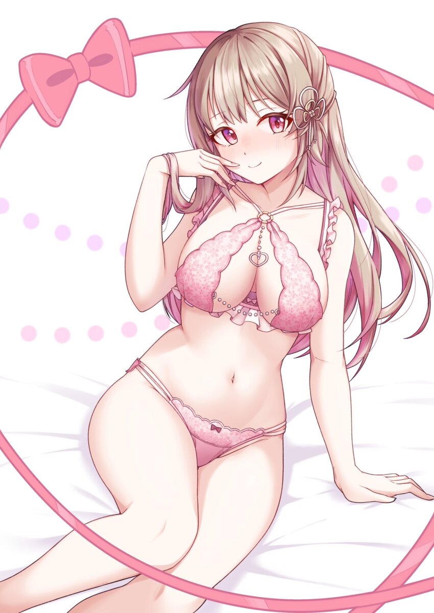 1girl altheavin ayaginu_temari bare_arms bare_legs bare_shoulders bra breasts brown_hair closed_mouth colored_inner_hair commentary_request commission feet_out_of_frame flower_knot frilled_bra frills hair_ribbon hand_up highres isekai_tensei_shite_v_ni_narimashita large_breasts lingerie long_hair looking_at_viewer mole mole_under_eye multi-strapped_panties multicolored_hair navel panties pink_bra pink_eyes pink_hair pink_panties ribbon sitting skeb_commission smile solo stomach thighs two-tone_hair underwear underwear_only virtual_youtuber