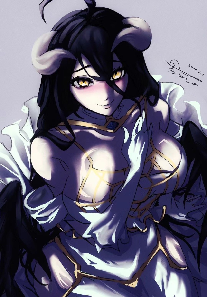 1girl albedo_(overlord) black_hair breasts cleavage demon_girl demon_horns dress gold_necklace highres horns jewelry large_breasts long_hair necklace overlord_(maruyama) solo sushihoudai