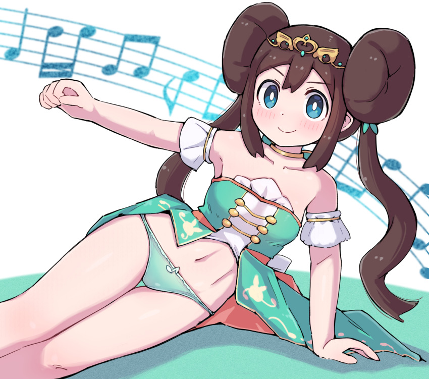1girl arm_support bare_shoulders blush bright_pupils brown_hair closed_mouth collarbone commentary_request double_bun green_eyes green_panties hair_bun hand_up highres jewelry kutabireta_neko leaning long_hair looking_at_viewer musical_note musical_staff navel neck_ring nintendo official_alternate_costume panties pokemon pokemon_masters_ex rosa_(champion)_(pokemon) rosa_(pokemon) smile solo tiara twintails underwear white_pupils