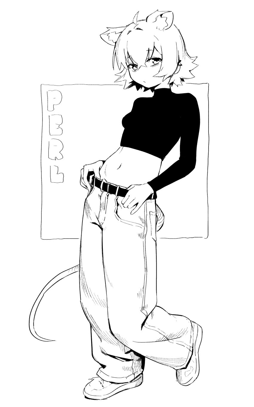 1girl absurdres ahoge animal_ear_fluff animal_ears baggy_pants belt breasts character_name closed_mouth crop_top crossed_bangs full_body greyscale heel_up high_contrast highres long_sleeves looking_at_viewer midriff monochrome mouse_girl mouse_tail navel no_nose original pants perl_(vertigris) shirt shoes small_breasts sneakers solo standing tail vertigris
