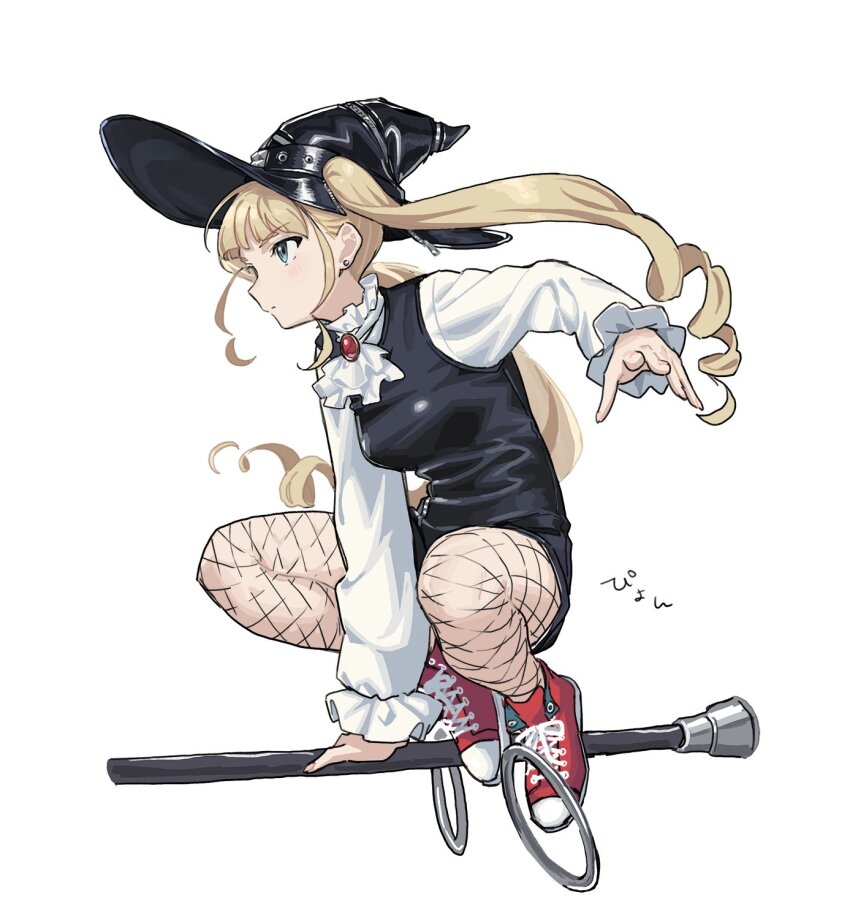 1girl ascot black_hat black_leotard blonde_hair breasts brooch closed_mouth drill_hair fishnet_pantyhose fishnets full_body hat highres jewelry leotard long_hair long_sleeves medium_breasts pantyhose project:anemone red_shoes shirt shoes simple_background sneakers solo staff staff_riding teshima_nari twin_drills white_ascot white_background white_shirt witch witch_hat zipper