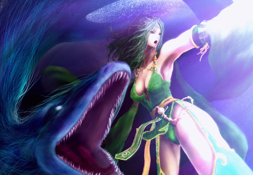 1girl aged_up armpits bad_id bad_pixiv_id blue_eyes breasts cleavage commentary_request cowboy_shot detached_sleeves final_fantasy final_fantasy_iv green_hair green_leotard green_thighhighs highres large_breasts leotard leviathan_(final_fantasy) long_hair looking_to_the_side open_mouth outstretched_arm pelvic_curtain rydia_(ff4) serpent spoilers standing thighhighs tiara y&quot;s
