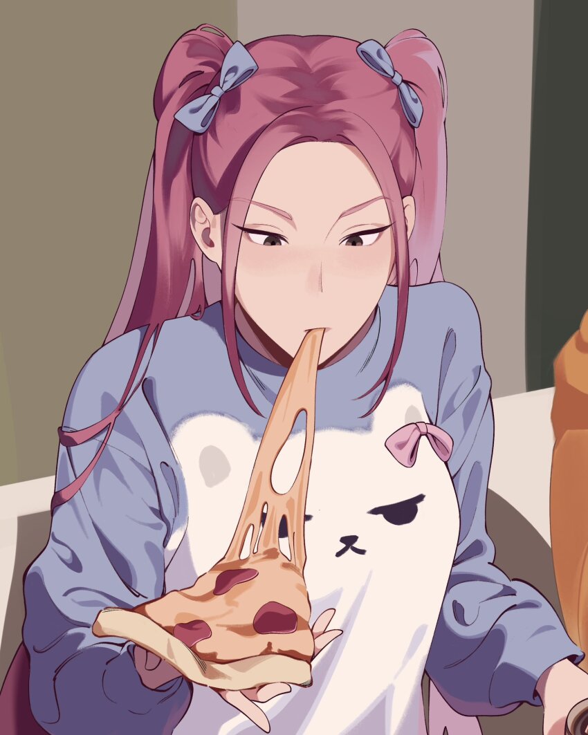 1girl alternate_costume bow brown_eyes eating food food_in_mouth hair_bow highres holding holding_food holding_pizza indoors kpop_demon_hunters long_hair long_sleeves looking_at_food looking_down mira_(kpop_demon_hunters) mumechi parted_bangs pizza red_hair sitting solo twintails upper_body