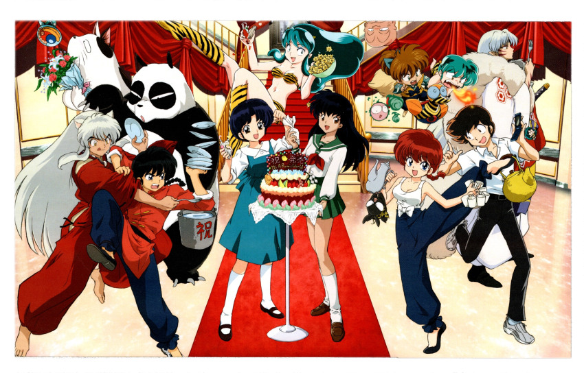 3girls 6+boys alien animal animal_ears bag bald banister belt belt_buckle black_belt black_eyes black_hair black_pants blue_dress blue_eyes blue_pants border bottle bouquet bowl braid breath_weapon breathing_fire brown_hair bucket buckle cake cat cellphone cherry_(urusei_yatsura) child claws closed_mouth collared_shirt commentary_request cone_horns creator_connection crossover cup dappya_monster dog_ears dokite_tsukasa dress dress_shirt facial_mark fire fishbowl_helmet flip_phone floating flower food fork green_eyes green_hair green_sailor_collar green_skirt highres higurashi_kagome holding holding_bag holding_bottle holding_bouquet holding_bowl holding_bucket holding_cup holding_fork holding_kettle holding_phone holding_plate holding_spoon horns indoors inuyasha inuyasha_(character) japanese_clothes katana kettle kotatsu-neko leg_up loafers long_hair lum mary_janes moroboshi_ataru multiple_boys multiple_crossover multiple_girls neckerchief official_art oni open_mouth p-chan painting_(object) panda pants phone pig pinafore_dress plate pleated_skirt pointy_ears ranma-chan ranma_1/2 red_carpet red_flower red_hair red_neckerchief sailor_collar saotome_genma_(panda) saotome_ranma school_uniform serafuku sesshoumaru shippou_(inuyasha) shirt shoes short_hair single_braid skirt sleeveless sleeveless_dress smile spoon stairs standing standing_on_one_leg sword tank_top ten_(urusei_yatsura) tendou_akane tongue tongue_out urusei_yatsura very_long_hair weapon white_border white_flower white_hair white_shirt white_tank_top yellow_eyes