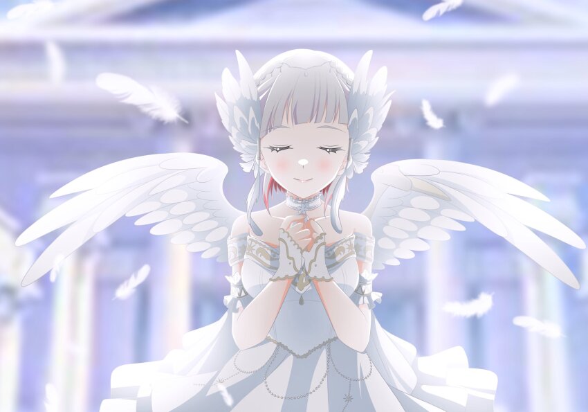 1girl angel_wings blurry blurry_background braid breasts choker closed_mouth colored_inner_hair commentary_request diagonal_bangs dress ether_aria_(love_live!) facing_viewer falling_feathers feathered_wings feathers frilled_choker frills grey_hair head_wings heaven highres kujo_awenn link!_like!_love_live! love_live! medium_breasts multicolored_hair off-shoulder_dress off_shoulder official_alternate_costume own_hands_together red_hair short_hair side_braids smile solo split_mouth streaked_hair upper_body virtual_youtuber white_choker white_dress white_wings wings yugiri_tsuzuri