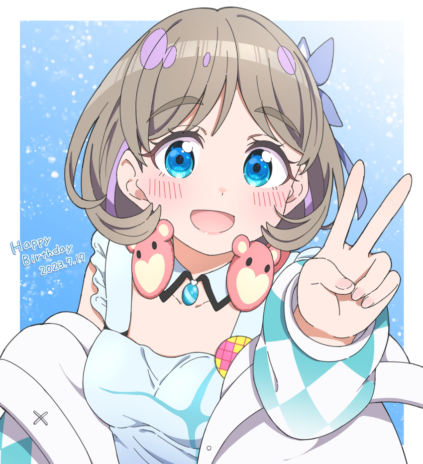 1girl :d blue_background blue_collar blue_dress blue_eyes blue_ribbon blush border collar commentary dated detached_collar dress frilled_dress frills grey_hair hair_ribbon hajimari_wa_kimi_no_sora happy_birthday highres jacket jenny_(je2live) light_particles long_sleeves looking_at_viewer love_live! love_live!_superstar!! off_shoulder open_clothes open_jacket open_mouth outside_border parted_bangs ribbon short_hair sleeveless sleeveless_dress smile solo tang_keke upper_body v white_border white_jacket