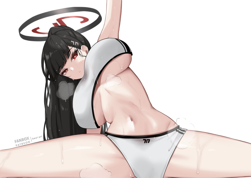 1girl :o absurdres amai-pai arm_up black_hair blue_archive blunt_bangs breasts bright_pupils fanbox_username groin halo highres huge_breasts large_breasts looking_at_viewer navel panties patreon_username ponytail red_eyes rio_(blue_archive) simple_background sitting solo sports_bra sportswear spread_legs stretching sweat thighs underboob undersized_clothes underwear white_background