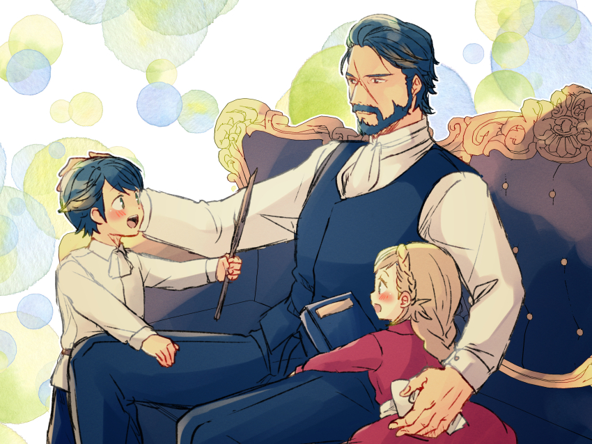 1girl 2boys :d age_difference aged_down alfonse_(fire_emblem) arm_around_waist ascot beard blonde_hair blue_hair blue_pants blue_vest blush book braid couch dress dress_shirt facial_hair father_and_daughter father_and_son fire_emblem fire_emblem_heroes formal_clothes full_beard gustav_(fire_emblem) headpat height_difference highres holding holding_stick long_hair long_sleeves looking_at_another multiple_boys nintendo nishimura_(shinchinagachi) on_couch open_mouth pants red_dress scar scar_on_face sharena_(fire_emblem) shirt short_hair siblings sitting smile stick vest white_ascot white_shirt