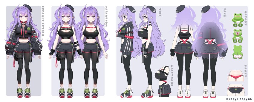 absurdres ahoge ayamy beret black_choker black_hat black_jacket black_leggings black_shoes black_shorts black_tank_top blue_pupils breasts chest_strap choker choppy_bangs cleavage diaper eepy_sleepy_(sleepy_2.0) elf fangs frog hair_ornament hat highres hood hooded_jacket jacket large_breasts leggings long_hair moon_(ornament) official_art pacifier panties phase_connect pointy_ears pouch pout purple_eyes purple_hair shoes shorts side_ponytail sidelocks sleepy_project sleeves_past_wrists smile sneakers star_(symbol) star_hair_ornament stuffed_toy tank_top thigh_pouch thigh_strap underwear wavy_hair