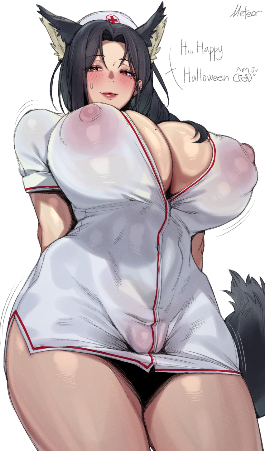 1girl absurdres animal_ears arms_behind_back blush breasts cleavage covered_erect_nipples cross dress english_text from_below groin halloween_costume happy_halloween hat highres huge_breasts lipstick looking_at_viewer makeup mature_female mole mole_on_breast mole_under_eye motion_lines nurse nurse_cap open_cleavage original orrrca1701 puffy_nipples puffy_vulva red_cross red_eyes red_lips shaded_crotch shiny_skin short_dress side_ponytail signature solo speech_bubble sweatdrop tail thick_thighs thighs tight_clothes toned white_background wolf_ears wolf_girl wolf_tail