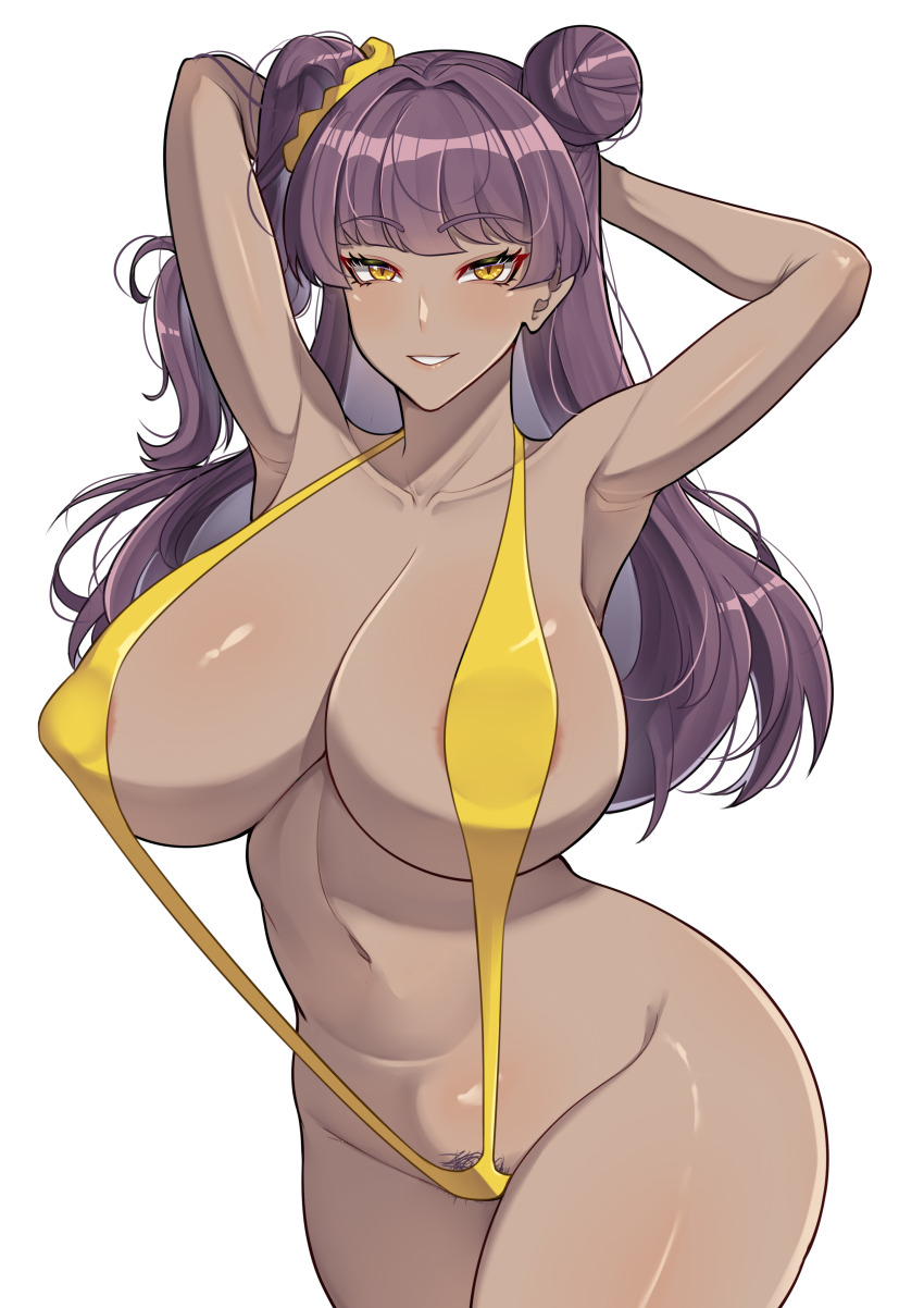 1girl absurdres adaku_okoro areola_slip armpits arms_behind_head band-width breasts collarbone colored_pubic_hair commission covered_erect_nipples dark-skinned_female dark_skin female_pubic_hair hair_bun hair_ornament hair_scrunchie highres large_breasts long_hair navel pubic_hair purple_hair purple_pubic_hair scrunchie side_ponytail slingshot_swimsuit smile solo swimsuit tatakau_ni_atai_suru yellow_eyes yellow_scrunchie yellow_slingshot_swimsuit