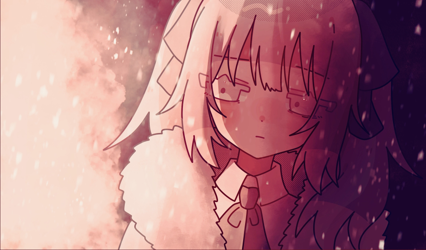 1girl abstract_background ada_(iyowa) adipocere_(vocaloid) blush closed_mouth coat commentary_request expressionless fur-trimmed_coat fur_trim gradient_background half-closed_eyes highres iyowa_girls long_hair looking_to_the_side neck_ribbon okayu_(cwtv7823) open_clothes open_coat pink_ribbon portrait ribbon screentones shirt sidelighting snowing solo twintails white_coat white_eyes white_hair white_shirt