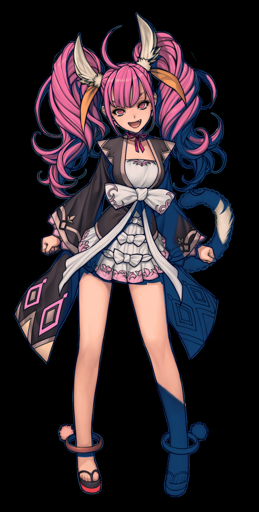 1girl absurdres ahoge animal_ears anklet clenched_hands fang female_focus full_body highres jewelry long_hair long_sleeves looking_at_viewer metal_max metal_max_xeno oda_non open_mouth pink_eyes pink_hair sandals skirt solo tail transparent_background twintails