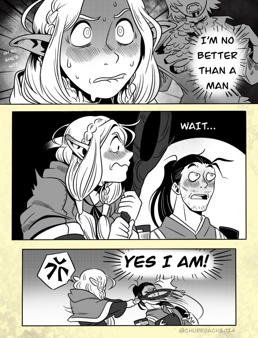 1boy 2girls ambrosia_(dungeon_meshi) armor black_hair blood blood_from_mouth blush braid capelet choker churroach dungeon_meshi elf english_text falin_touden falin_touden_(chimera) feathers greyscale highres hitting holding holding_staff japanese_armor long_hair marcille_donato monochrome multiple_girls pointy_ears ponytail robe shirt shurou spoilers staff sweat sweatdrop torn_clothes torn_shirt twin_braids yuri