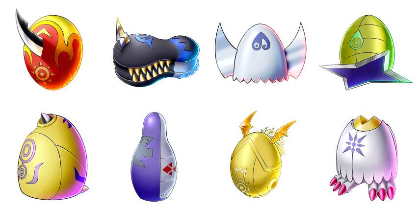 absurdres claws crests_(digimon) digimental digimental_of_courage digimental_of_friendship digimental_of_hope digimental_of_knowledge digimental_of_light digimental_of_love digimental_of_purity digimental_of_sincerity digimon digimon_adventure_02 highres horns no_humans shuriken weapon wings