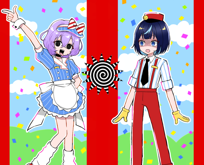 2boys alternate_eye_color apron arm_up arms_at_sides back_bow black_eyes black_hair black_necktie blue_dress blue_eyes blue_hair bow buttons collared_shirt commentary_request confetti cosplay crossdressing dress ensemble_stars! feet_out_of_frame frilled_dress frills gloves hanamura_fuyume hand_on_own_hip hat hat_bow knees_together_feet_apart lapels leg_warmers looking_at_another male_focus medium_hair mesmerizer_(vocaloid) multicolored_background multicolored_hair multiple_boys necktie nervous_sweating no_nose open_hands outline overalls parody pinstripe_dress pinstripe_pattern pinstripe_shirt pointing puffy_short_sleeves puffy_sleeves purple_hair red_bow red_hat red_overalls reira_(reomimi0211) sagiri_esu saturated shirt shirt_tucked_in short_dress short_sleeves sleeves_rolled_up streaked_hair striped_bow surprised sweat three_quarter_view tongue tongue_out trap two-tone_bow vertical-striped_bow visor_cap waist_apron white_bow white_leg_warmers white_outline white_wrist_cuffs wing_collar wrist_cuffs yellow_gloves